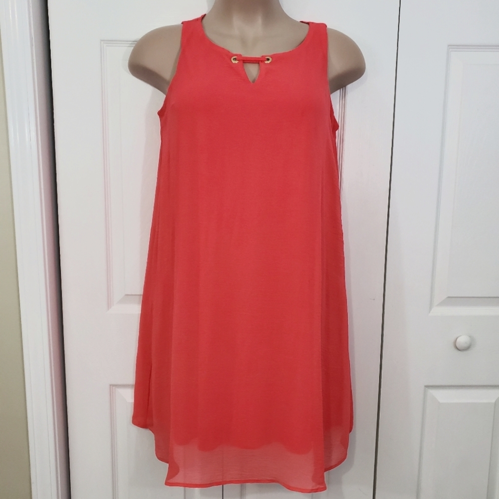 Tacera Women's Dark Coral Keyhole Sleeveless Chiffon Shift Lined Dress SZ 1X
